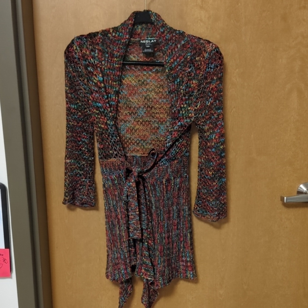 Neslay Paris Multi-Color Tie Cardigan - Open Weave - Vivid Rainbow Colors - EUC